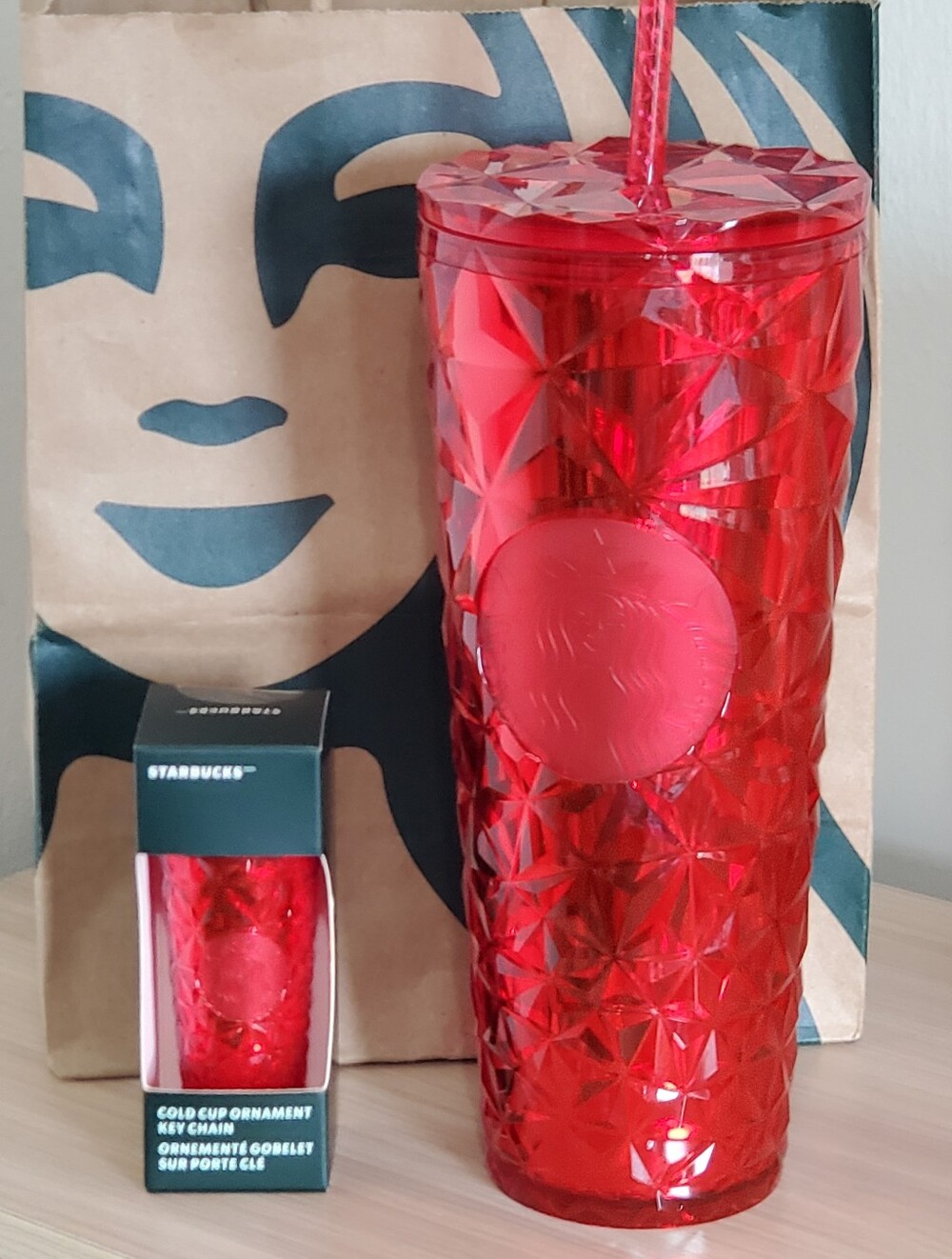 Starbucks Red Faceted Tumbler with Matching Ornament Keychain